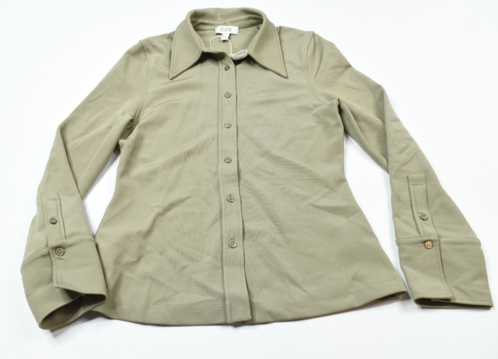 COS Fitted Ribbed Jersey Shirt Womens Small Khaki Olive Dagger Collar Stretch
